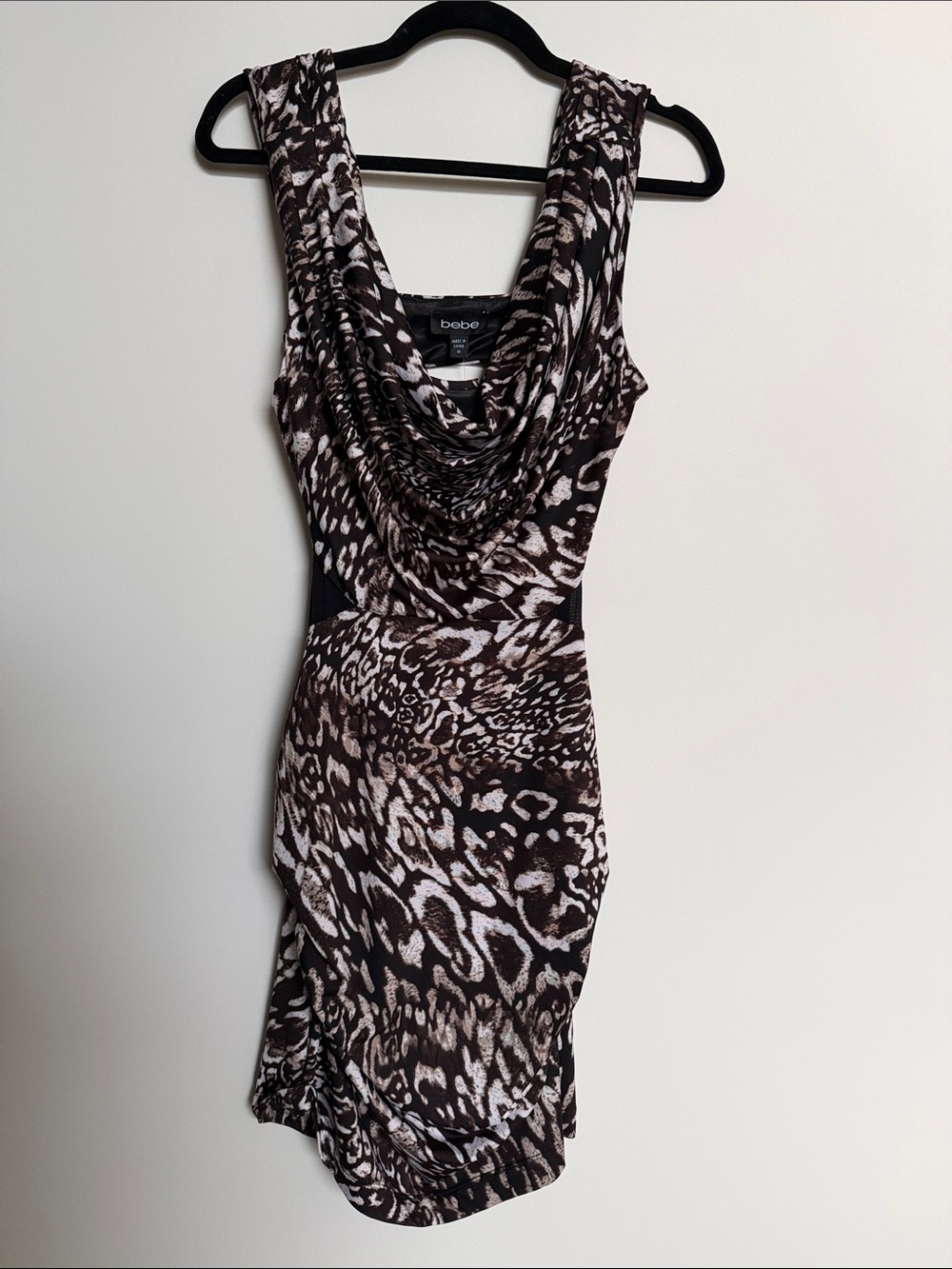 bebe Brown and Cream Animal Print Cowl Neck Mini Dress